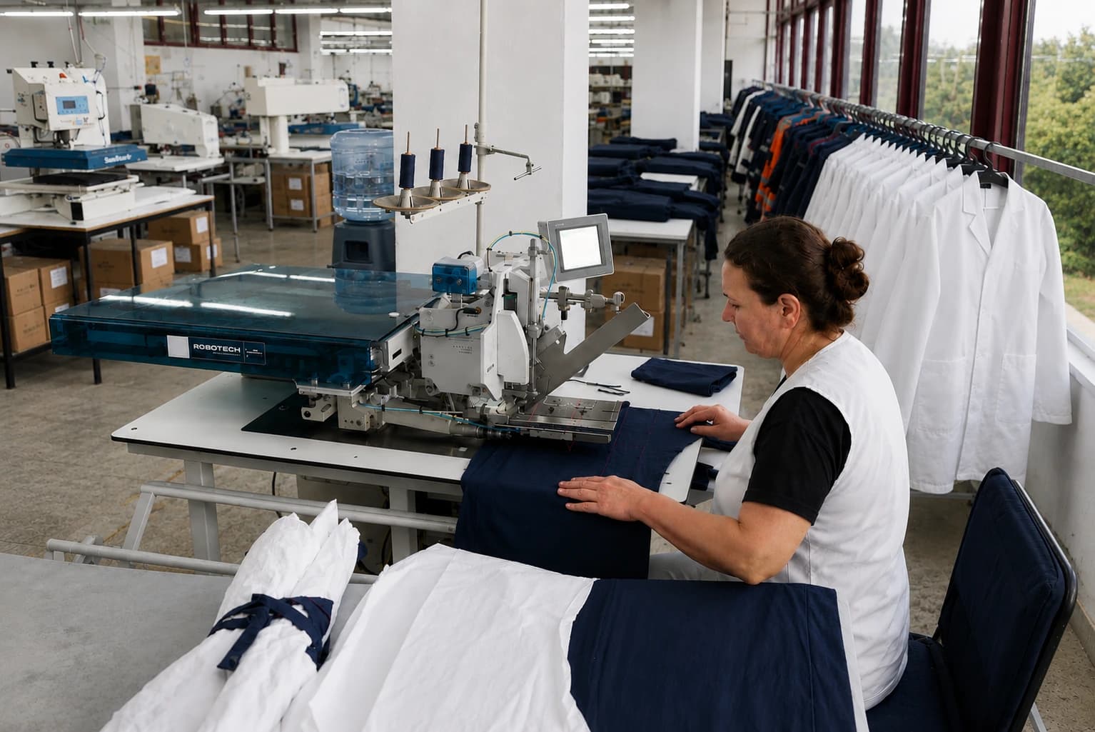 Operator loading a panel into an automated sewing workstation