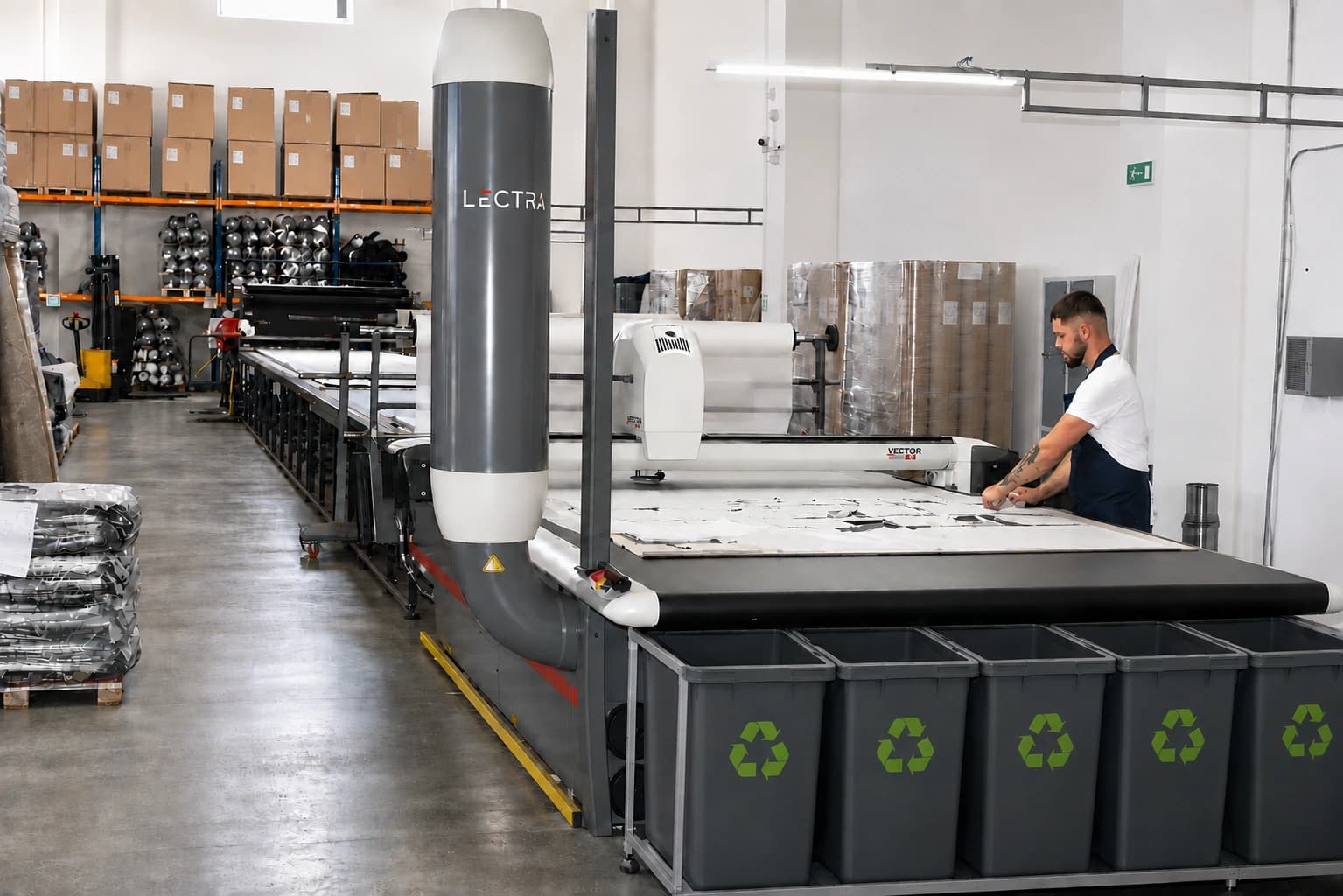Lectra Vector cutter, offcuts sorted into segregated recycling bins