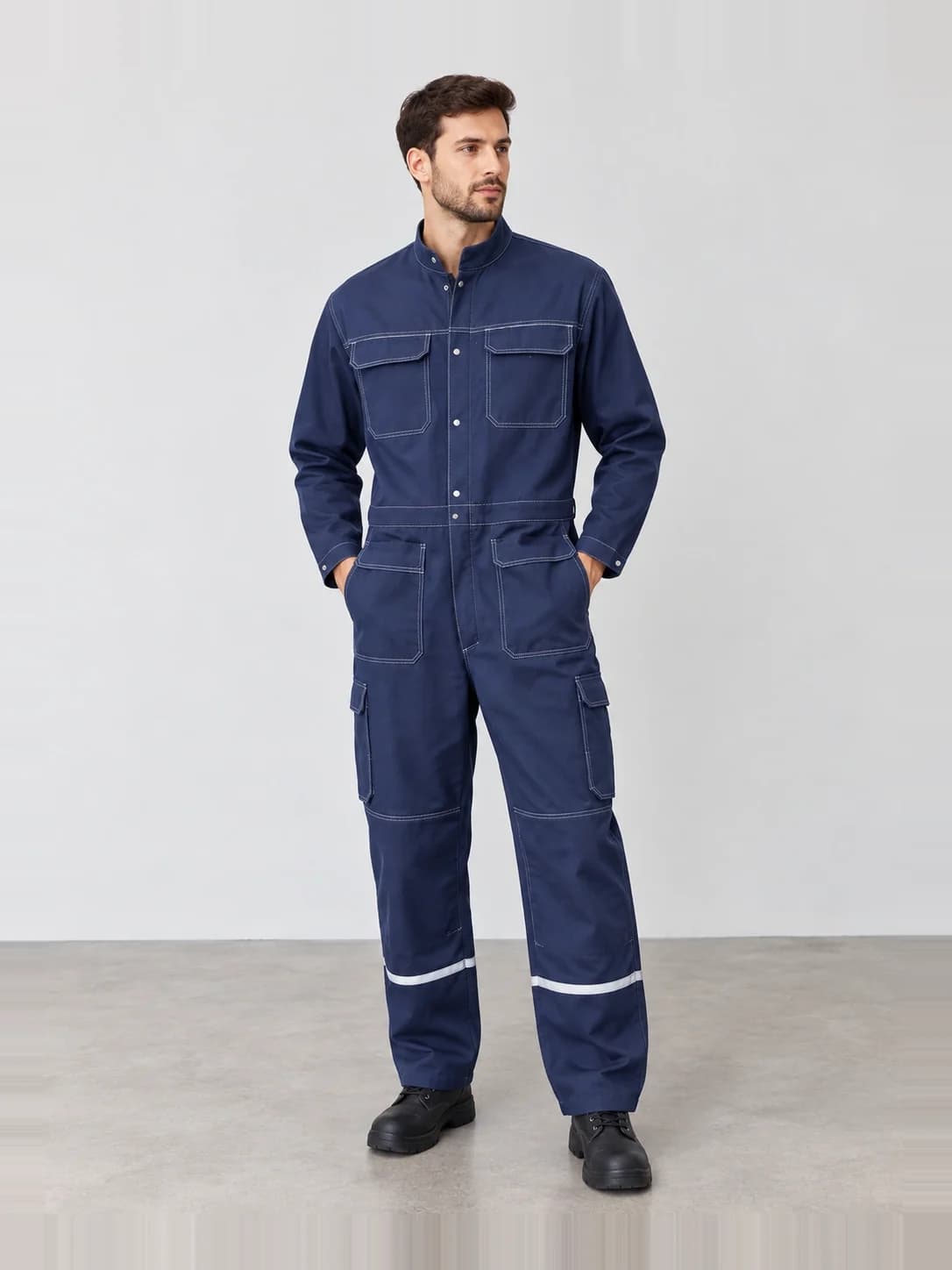 Navy heavyweight coverall with contrast stitching and reflective leg bands