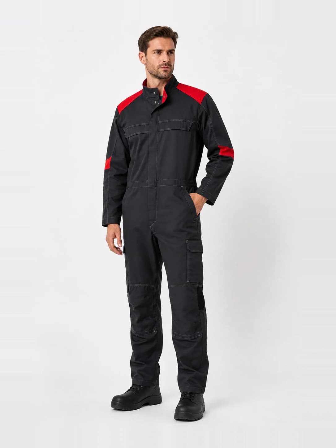 Two-tone coverall with contrast shoulder panels and cargo pockets