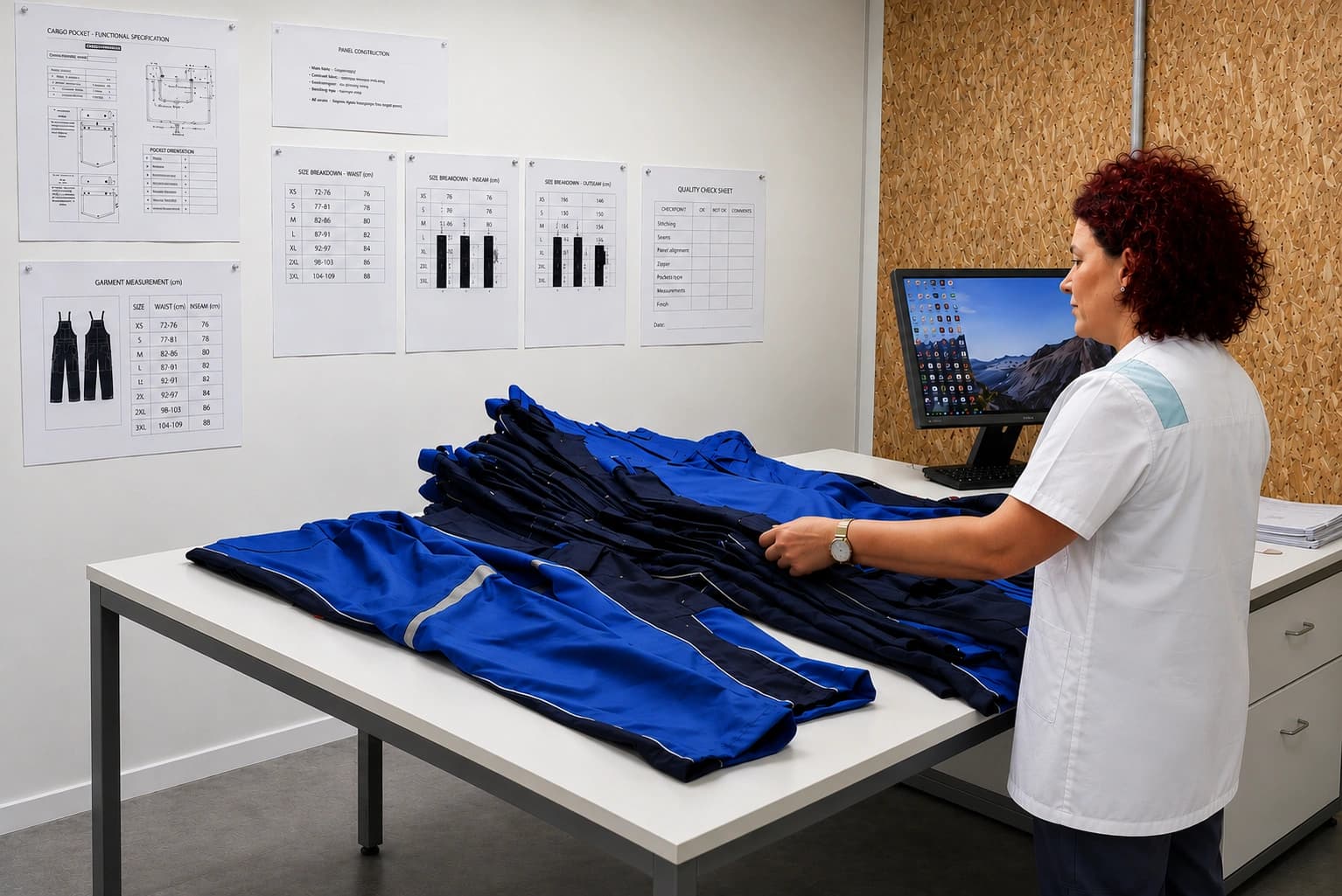 Inspector checking finished trousers against the quality check sheet