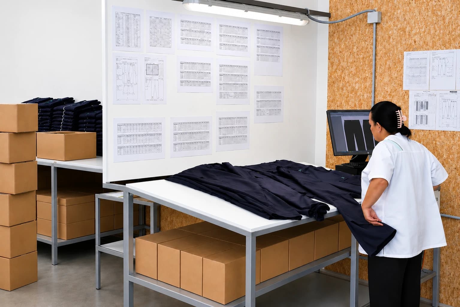 Measurement check against the garment specifications posted on the wall